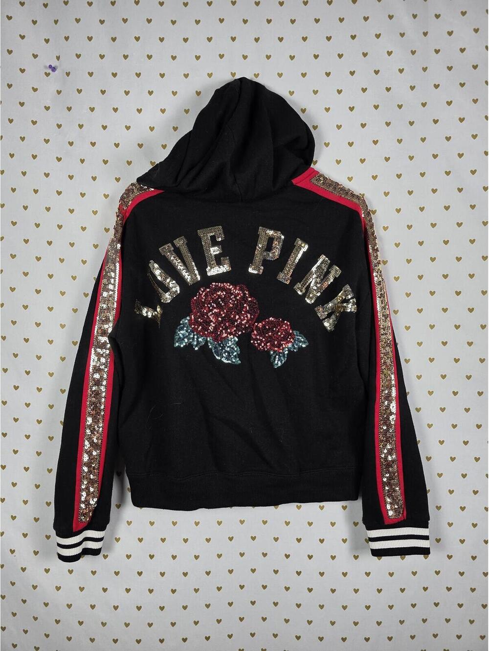 Victorias Secret Pink BLING SEQUINED Rose LOVE Pullover Hoodie Sweater Medium